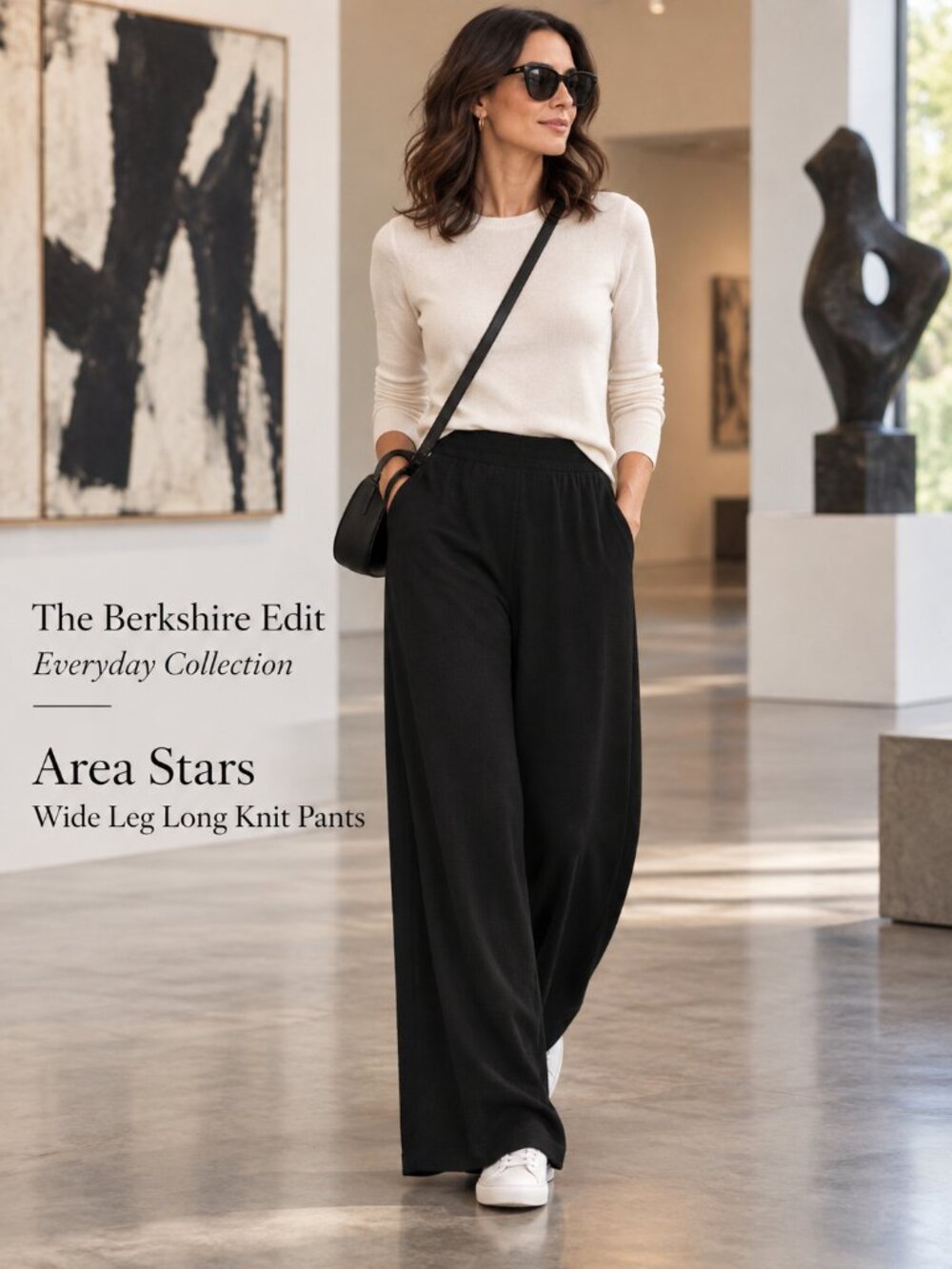 Area Stars Wide Leg Long Pants L Black Pull On Knit Pockets NWT $150